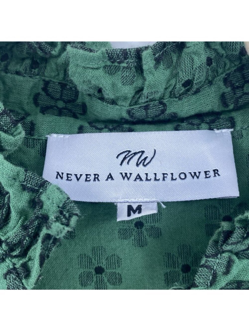 Never A Wallflower Ruffle High Neck Top Size M Green Leaf Embossed Boho Peasant - Picture 3 of 10